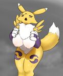  areola aroused aroused_face bandai_namco big_breasts blue_eyes breast_squish breasts canid canine clothed clothing digimon digimon_(species) duckerzzart exposed_breasts female fluffy fluffy_ears fluffy_tail fox_tail fur hi_res holding_breast huge_breasts huge_thighs in_heat looking_at_viewer mammal markings nipples partially_clothed pinup pose presenting presenting_breasts renamon solo squish tail thick_thighs white_body white_fur yellow_body yellow_fur 