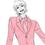  1boy blonde_hair formal gssy_0 highres hunter_x_hunter long_sleeves looking_at_viewer male_focus necktie pariston_hill polka_dot polka_dot_shirt shirt short_hair simple_background smile solo striped_necktie suit upper_body white_background 
