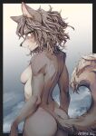  anthro ayabemiso blush breasts butt canid canine canis female fur grey_body grey_hair hair hi_res mammal multicolored_body multicolored_fur nude open_mouth solo two_tone_body two_tone_fur wolf yellow_eyes 