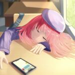  1girl absurdres arima_kana beret blue_headwear blurry blurry_background cellphone chair classroom closed_eyes closed_mouth commentary depth_of_field desk hat highres leaf long_sleeves medium_hair oshi_no_ko phone red_hair school_chair school_desk school_uniform shade sleeping sleeping_on_desk smartphone solo sun_x sunlight symbol-only_commentary window youtou_high_school_uniform 