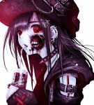  1girl brown_hair chain choker cup drinking_straw ear_chain ear_piercing exposed_muscle guro hair_ornament hat highres holding holding_cup original piercing red_eyes skull_hair_ornament solo spiked_choker spikes teeth upper_body yu-ki_iwata 