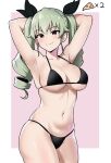  1girl alternate_breast_size amogan anchovy_(girls_und_panzer) bikini black_bikini blush border breasts brown_eyes closed_mouth commission drill_hair food girls_und_panzer green_hair highres large_breasts long_hair navel pixiv_commission pizza pizza_slice smile solo swimsuit twin_drills white_border 