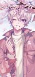  1boy ;d absurdres ayane_leon blurry blurry_background branch breast_pocket buttons cherry_blossoms creepyday falling_flower falling_petals finger_heart flower hand_up head_tilt highres holding holding_branch jacket looking_at_viewer male_focus one_eye_closed petals piece_a_part pink_flower pink_hair pink_jacket pink_nails pocket purple_eyes shirt short_hair smile solo straight-on upper_body virtual_youtuber white_shirt 
