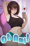  1girl arm_up armpits black_hairband breasts brown_hair cellphone cover cover_page glasses hair_between_eyes hairband heart highres holding holding_phone holy_meh large_breasts midriff navel original phone purple_eyes round_eyewear short_hair short_shorts shorts smartphone solo tank_top 