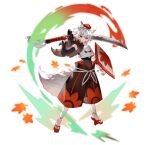  1girl absurdres animal_ears detached_sleeves geta hat highres inubashiri_momiji looking_at_viewer pom_pom_(clothes) red_eyes shield short_hair solo sword tail tengu-geta tokin_hat touhou transparent_background u_u_zan weapon white_hair wolf_ears wolf_girl wolf_tail 