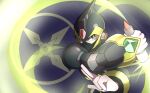  1boy absurdres armor attack beam_saber black_armor bodystocking gauntlets gloves green_eyes helmet highres looking_at_viewer mega_man_(series) mega_man_x_(character) mega_man_x_(series) ninja official_alternate_costume rain shadow_armor_x_(mega_man) simple_background weapon xcyt2438 