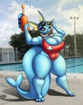  4_fingers anthro belly big_breasts blue_body breasts butt clothing eeveelution eyewear female fingers generation_1_pokemon gun hi_res hindpaw huge_breasts lifeguard lifeguard_swimsuit long_tail multicolored_body nintendo paws plant pokemon pokemon_(species) pool purple_eyes ranged_weapon sky slightly_chubby solo sunglasses swimwear tail thick_thighs toy toy_gun tree vaporeon water water_gun weapon whistle z_dragon 