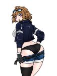  1girl ahoge aprf ass belt black_belt black_gloves black_panties black_thighhighs blue_jacket blue_shorts blush breasts brown_hair butt_crack clothes_pull commentary english_commentary eyewear_on_head from_behind girls&#039;_frontline gloves grizzly_mkv_(girls&#039;_frontline) highres jacket large_breasts looking_at_viewer looking_back panties parted_lips purple_eyes shirt short_hair shorts shorts_pull simple_background single_thighhigh skindentation smile solo sunglasses thighhighs underwear white_background white_shirt zipper 