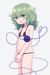  1girl bare_arms bikini blush eyeball feet_out_of_frame flat_chest green_eyes green_hair heart heart_of_string highres komeiji_koishi looking_at_viewer medium_hair open_mouth puroshimin simple_background smile solo standing swimsuit third_eye touhou wavy_hair white_background 
