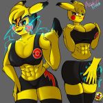  abs anthro areola athletic athletic_female axolotl_team big_areola big_breasts big_butt big_nipples bra breasts brown_eyes butt clothing convex_breasts cosplay_pikachu_(costume) female fur generation_1_pokemon hi_res humanoid light lighting muscular muscular_thighs nintendo nipples pikachu pikachu_libre pokemon pokemon_(species) puffy_areola puffy_nipples solo sports_bra sportswear thick_thighs tight_clothing tight_fit underwear yellow_body yellow_fur 