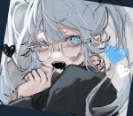  1girl black_shirt blue_eyes commentary diamond-shaped_pupils diamond_(shape) glasses hair_between_eyes hatsune_miku heart highres kajiwara_3 long_hair long_sleeves looking_at_viewer open_mouth shirt solo symbol-shaped_pupils teeth twintails upper_body vocaloid white_hair 