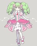  1girl :o boots bow colored_eyelashes commentary_request doll_joints dress elbow_gloves falulu frilled_dress frills full_body gloves green_hair grey_background grey_eyes headphones joints layered_dress long_hair looking_at_viewer open_mouth pink_bow pink_dress power_symbol pretty_series pripara puffy_short_sleeves puffy_sleeves short_sleeves sidelocks simple_background skirt_hold solo standing terayamaden thigh_boots tiara twintails white_bow white_footwear white_gloves 