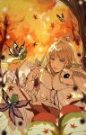  1boy 2girls animal_on_shoulder autumn_leaves blanca_(fate) blue_eyes blurry blurry_background book bug butterfly butterfly_on_hand caterpillar cloak crown dappled_sunlight diamond_hairband fairy falling_leaves fate/grand_order fate_(series) feet_out_of_frame fingernails fur-trimmed_cloak fur_trim highres knees_up leaf light_particles long_sleeves looking_at_animal male_focus medium_hair moth multiple_girls oberon_(fate) open_book parted_lips reading robe sitting smile sunlight tree uncleko5 under_tree white_cloak white_hair white_robe 