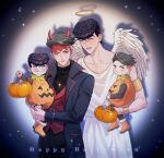  4boys :q aged_down angel_wings black_nails blue_eyes candy carrying child_carry closed_mouth coat collarbone demon_horns diamond_wa_kudakenai dual_persona earrings feathered_wings food green_eyes green_hair halloween halloween_bucket halloween_costume halo happy_halloween headband higashikata_josuke highres horns jewelry jojo_no_kimyou_na_bouken kishibe_rohan long_sleeves looking_at_viewer male_child male_focus multiple_boys one_eye_closed open_mouth pants polina29297783 pompadour pumpkin purple_hair red_eyes red_headband tongue tongue_out wings yaoi 