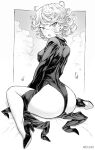  1girl ass black_dress blush breasts curly_hair dress greyscale high_heels highres long_sleeves looking_at_viewer mogudan monochrome one-punch_man open_mouth short_hair sitting small_breasts solo tatsumaki thighs wariza 