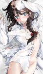  1girl arm_up bed_sheet black_hair blue_eyes blush borrowed_clothes bow braid commentary_request covered_nipples cowboy_shot curvy dress_shirt embarrassed eyelashes furrowed_brow groin hair_between_eyes hair_bow hand_on_own_head hand_up head_tilt highres kantai_collection long_hair looking_at_viewer lying navel nose_blush on_back one-hour_drawing_challenge open_clothes open_shirt parted_lips red_bow shigure_(kancolle) shirt sidelocks signature single_braid sleeves_past_wrists solo sweatdrop thigh_gap usami_(50-point_caliper) white_shirt 
