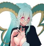  1girl absurdres black_choker braid breasts choker cleavage closed_mouth collarbone colored_eyelashes crossed_bangs curled_horns fate/grand_order fate_(series) green_horns green_nails hair_between_eyes highres holding horns large_breasts large_horns larva_tiamat_(fate) larva_tiamat_(third_ascension)_(fate) long_hair long_horns mimikaki pointy_ears red_eyes seseragi_azuma simple_background smile solo symbol-shaped_pupils tiamat_(fate) upper_body very_long_hair white_background x-shaped_pupils 
