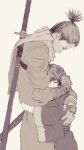  2boys age_difference black_hair bob_cut child facing_another facing_down feet_out_of_frame greyscale hand_on_another&#039;s_head highres holding hug japanese_clothes katana kimono kuro_the_divine_heir long_sleeves male_focus monochrome multiple_boys ninja remingway02 sad sash scarf sekiro sekiro:_shadows_die_twice sheath short_hair simple_background standing sword sword_on_back topknot upper_body weapon weapon_on_back white_background 