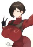 1girl absurdres ada_wong artist_logo artist_name black_gloves black_hair bob_cut breasts chest_harness cowboy_shot dress gloves hair_behind_ear harness highres large_breasts looking_at_viewer quezsparta red_dress resident_evil resident_evil_4 resident_evil_4_(remake) selfie short_hair simple_background solo tight_clothes tight_dress turtleneck_dress v white_background 
