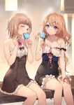  2girls atelier_(series) atelier_resleriana atelier_rorona bare_arms bare_legs bare_shoulders black_bow blonde_hair blue_eyes blush bow breasts brown_hair cleavage closed_eyes collarbone commentary_request dress eating food frilled_dress frills hair_between_eyes highres holding holding_food holding_ice_cream ice_cream jewelry long_hair looking_at_another medium_breasts multiple_girls necklace no_headwear pink_ribbon popsicle promotional_art resna_sternenricht ribbon rororina_fryxell short_hair sleeveless small_breasts smile strap_slip umiu_geso wet wet_hair white_dress 