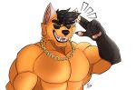  abs accessory anthro bella_vanguard breasts canid canine clothed clothing dragoonie ear_piercing eyewear gold_(metal) gold_jewelry hi_res jewelry male mammal maned_wolf muscular pecs piercing smile solo sunglasses sunglasses_on_face topless topless_male 