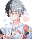  1boy a20190422 alternate_costume aoyagi_touya bandaid bandaid_on_face bandaid_on_neck blue_hair bow cinnamoroll closed_mouth commentary cup dark_blue_hair dog drinking_straw earrings fingernails grey_eyes hair_between_eyes hair_tie heart highres holding holding_cup hoop_earrings jewelry long_sleeves male_focus mole mole_under_eye multicolored_hair multiple_hairpins musical_note nail_polish pink_nails project_sekai rabbit short_hair solo split-color_hair star_(symbol) sweater symbol-only_commentary two-tone_hair upper_body white_background 