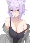  1girl :d animal_ear_fluff animal_ears bare_shoulders black_shirt blush breasts cat_ears cat_girl cleavage fang grey_jacket haro_art hololive jacket large_breasts looking_at_viewer nekomata_okayu open_clothes open_jacket open_mouth purple_eyes purple_hair shirt short_hair simple_background smile strap_slip tank_top upper_body virtual_youtuber white_background 