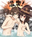  1boy 1girl absurdres arm_around_shoulder arrow_(symbol) breasts brown_hair cnuy english_text green_eyes grin hat highres kono_subarashii_sekai_ni_shukufuku_wo! megumin mixed_bathing navel nipples nude onsen red_eyes satou_kazuma small_breasts smile thumbs_up water witch_hat 