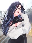  1girl black-framed_eyewear black_dress black_hair blue_hair breasts cleavage cleavage_cutout clothing_cutout coat dress glasses jewelry kson long_hair looking_at_viewer n_gyou necklace open_mouth ring sleeveless sleeveless_dress smile solo virtual_youtuber vshojo white_coat 