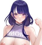  1girl areola_slip bare_shoulders blunt_bangs blush breasts closed_mouth clothes_writing genshin_impact hand_up large_breasts long_hair looking_at_viewer makeup no_mole out-of-frame_censoring purple_eyes purple_hair raiden_shogun simple_background solo tinnies upper_body white_background 