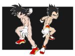  2boys arm_up arms_up black_background black_eyes black_hair border closed_mouth commentary convenient_arm cosplay dragon_ball dragon_ball_z english_commentary flat_color full_body gloves happy highres looking_at_viewer male_focus marvelpoison multicolored_footwear multiple_boys nude outline outside_border outstretched_arm outstretched_arms red_footwear shadow_the_hedgehog shadow_the_hedgehog_(cosplay) shoes short_hair simple_background smile son_goku sonic_(series) sonic_the_hedgehog sonic_the_hedgehog_(cosplay) spiked_hair standing symmetry toned v-shaped_eyebrows vegeta white_border white_gloves white_outline 