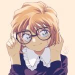  1girl black_shirt blue_eyes brown_background brown_hair closed_mouth glasses haibara_ai hands_up highres long_sleeves looking_at_viewer meitantei_conan niina_1oo9 shirt short_hair simple_background smile solo upper_body 