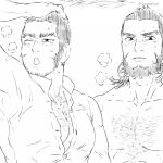  2boys bara beard beard_stubble blush breath buzz_cut chest_hair_peek clothed_male_nude_male collared_shirt facial_hair golden_kamuy hand_on_own_head isomine kiroranke large_pectorals long_sideburns male_focus mature_male multiple_boys muscular muscular_male nude open_mouth pectoral_cleavage pectorals scar scar_on_cheek scar_on_face shirt short_hair sideburns tanigaki_genjirou thick_eyebrows tight_clothes tight_shirt upper_body very_short_hair 