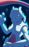 air_bubble biceps blurry bubble closed_mouth collarbone commentary_request conejologia frown glowing grey_eyes hand_up highres mewtwo pokemon pokemon_(creature) solo 