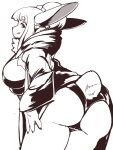  2022 anthro big_breasts bra breasts butt camel_toe claws clothed clothing digital_media_(artwork) female finger_claws hair hi_res jacket kemono lagomorph leporid licking licking_lips licking_own_lips long_ears long_hair looking_at_viewer mammal monochrome neck_tuft open_clothing open_jacket open_topwear panties pantsless presenting presenting_hindquarters rabbit rear_view scut_tail setouchi_kurage short_tail simple_background solo tail tongue tongue_out topwear tuft underwear 