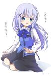  1girl :d black_skirt blue_bow blue_bowtie blue_eyes blue_hair blue_vest blush bow bowtie buttons collared_shirt commentary_request dress_shirt flat_chest full_body gochuumon_wa_usagi_desu_ka? hair_ornament hairclip hand_rest kafuu_chino lap_pillow_invitation light_blue_hair long_hair long_sleeves looking_at_viewer mozukun43 open_mouth rabbit_house_uniform seiza shirt sidelocks simple_background sitting skirt smile solo translated twitter_username vest white_background white_shirt x_hair_ornament 