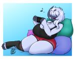 2022 absol anthro big_breasts breasts cleavage clothed clothing female fur generation_3_pokemon hair hi_res hidden_eyes huge_breasts huge_thighs lunarspy musical_note nintendo nintendo_switch open_mouth pillow pokemon pokemon_(species) signature sitting smile solo text thick_thighs tia_(lunarspy) white_body white_fur white_hair 