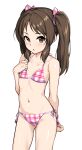  1girl alternate_hairstyle bikini blush breasts brown_eyes brown_hair checkered_bikini checkered_clothes clenched_hand collarbone commentary cowboy_shot female_child hadacra hair_ribbon hand_up highres idolmaster idolmaster_cinderella_girls long_hair looking_at_viewer navel parted_lips pink_bikini pink_ribbon ribbon side-tie_bikini_bottom sidelocks small_breasts solo stomach string_bikini swimsuit tachibana_arisu thighs twintails white_background 