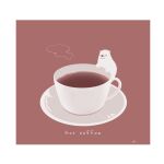  animal bear border chai_(drawingchisanne) climbing coffee coffee_cup commentary_request cup disposable_cup drink english_text food_focus no_humans original plate polar_bear red_background shirokuma-san_(drawingchisanne) signature steam white_border 
