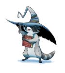  2023 anthro biped black_nose book clothing fur grey_body grey_fur happyraccoons hat headgear headwear hi_res magic_user mammal procyonid raccoon simple_background solo tongue tongue_out wizard_hat 