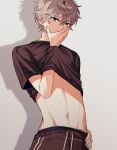  black_pants black_shirt blue_eyes closed_mouth clothes_lift ensemble_stars! grey_hair guilty_challenge_(meme) hair_between_eyes highres male_focus male_underwear meme midriff navel ocheu_(only_tsukinaga) pants sena_izumi_(ensemble_stars!) shirt shirt_lift short_hair stomach underwear 