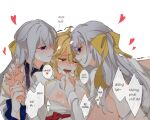  3girls anisphia_wynn_palettia blonde_hair blush breasts clone closed_eyes clothes_pull commentary_request dress euphyllia_magenta finger_in_another&#039;s_mouth grey_hair hair_ribbon heart highres jacket long_hair medium_hair multiple_girls nipples purple_eyes ribbon saliva shirt shirt_pull simple_background small_breasts speech_bubble sweat t0fu_12 tears tensei_oujo_to_tensai_reijou_no_mahou_kakumei translation_request trembling vietnamese_commentary vietnamese_text white_background white_dress white_jacket white_shirt yellow_ribbon 