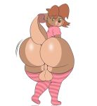  alondight anthro backsack balls big_balls big_butt brown_body brown_fur brown_hair butt clothing fur genitals girly green_eyes hair hi_res legwear looking_at_viewer male mammal mustelid open_mouth otter raised_tail shaking_butt solo tail text thigh_highs 