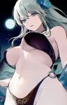  1girl bare_hips bare_shoulders bikini black_bikini blue_eyes blue_flower breasts character_request cleavage commentary_request cowboy_shot fate/grand_order fate_(series) flower full_moon green_hair groin hair_between_eyes hair_flower hair_ornament half-closed_eyes hands_up highres large_breasts lips long_hair looking_at_viewer moon moonlight morgan_le_fay_(fate) navel night night_sky o-ring o-ring_bottom open_mouth outdoors parted_lips sidelocks sky solo stomach swimsuit teeth thighs underboob upper_teeth_only vivi_(eve_no_hakoniwa) 