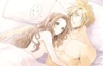  1boy 1girl aerith_gainsborough after_sex ancotsubu artist_name blonde_hair breasts brown_hair closed_eyes cloud_strife couple cuddling earrings final_fantasy final_fantasy_vii final_fantasy_vii_remake green_eyes hair_between_eyes hetero jewelry long_hair medium_breasts nude on_bed parted_bangs parted_lips pillow short_hair sidelocks single_earring sleeping spiked_hair under_covers upper_body wavy_hair zzz 