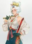  aqua_gloves bare_shoulders cropped_legs glasses gloves hair_bun hair_ornament half_gloves jacket off_shoulder purah red_eyes shirt short_hair sidelocks skirt standing suda_ayaka the_legend_of_zelda the_legend_of_zelda:_tears_of_the_kingdom white_background white_hair white_jacket white_shirt 