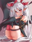  1girl asanagi_(style) ass bare_shoulders bat_wings bow breasts demon_girl demon_girl_(steedoj) demon_wings earrings fang hair_bow heart heart_earrings highres jewelry large_breasts long_hair long_sleeves looking_at_viewer original pointy_ears red_bow red_eyes sirachi sitting skin_fang slit_pupils smile thigh_strap thighhighs twintails very_long_hair white_hair wings 