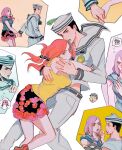  1boy 1girl black_hair breasts closed_mouth dixie_cup_hat eating english_commentary flower flower_skirt food food_on_face green_eyes green_lips hair_bobbles hair_ornament hat hetero higashikata_josuke_(jojolion) highres hirose_yasuho holding_hands hug jojo_no_kimyou_na_bouken jojolion long_hair long_sleeves looking_at_viewer midriff_peek military_hat mutual_hug oratoza pants parted_lips pink_hair pink_lips sailor shirt skirt white_pants 