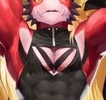  anthro black_clothing black_markings black_sclera black_topwear cheek_spikes clothed clothing facial_spikes front_view male markings muscular muscular_anthro muscular_male pink_body red_body solo spikes spikes_(anatomy) t.y.stars topwear yellow_eyes 