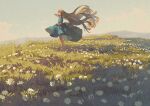  1girl bare_legs blonde_hair blue_dress blue_eyes cloud dress flower grass holding holding_clothes holding_dress long_hair original outdoors potg_(piotegu) profile redrawn shadow short_sleeves signature sky solo standing white_flower wide_shot wind 